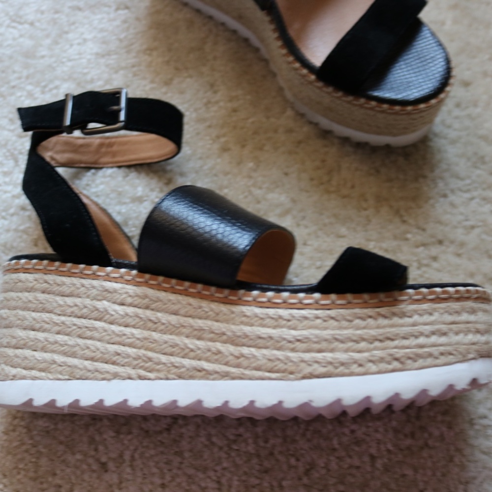 Women's Black Espadrille Platform Wedge Sandals with Ankle Strap - Picture 2 of 4